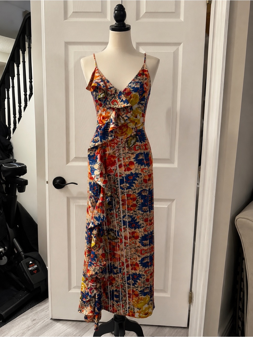 Guess Floral Ruffle Satin Maxi Dress in Multicolor